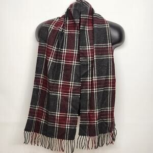 Jos A Bank 100% Cashmere Scarf Burgundy Gray Plaid Fringed Oblong 60x12